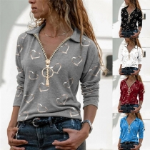 Fashion Heart Printed Long Sleeve POLO Collar T-shirt
