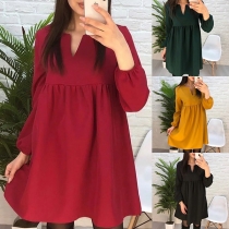Fashion Solid Color Long Sleeve V-neck Dress