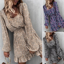 Sweet Style Long Sleeve Square Collar Ruffle Hem Printed Dress