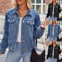 Retrostil långärmad denimshirt med pärlor och POLO-krage