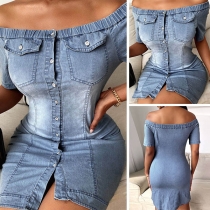 Sexy Off-shoulder Boat Neck Short Sleeve Slim Fit Denim Dress