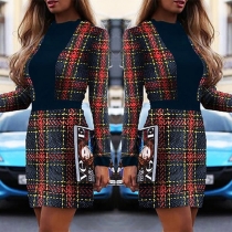 Fashion Long Sleeve Round Neck Slim Fit Plaid Dress