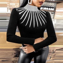 Fashion Contrast Color Long Sleeve Mock Neck Slim Fit Knit Top
