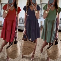 Fashion Solid Color Lotus Sleeve V-neck Loose Dress