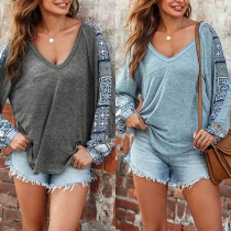 Ethnic Style Printed Spliced Long Sleeve V-neck T-shirt