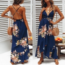 Sexy Backless V-neck Slit Hem Printed Sling Dress
