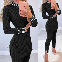 Fashion Long Sleeve Mock Neck Slit Hem Beaded Top Pants Two-piece Set