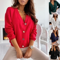 Fashion Solid Color Long Sleeve V-neck Front-button Cardigan