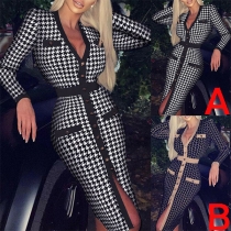 Sexy V-neck Slit Hem Long Sleeve High Waist Slim Fit Printed Dress