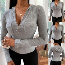 Fashion Solid Color Long Sleeve Hooded Top