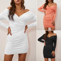 Sexy Crossover V-neck Long Sleeve Solid Color Slim Fit Dress