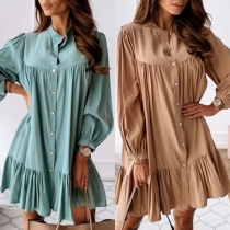 OL Style Long Sleeve Stand Collar Ruffle Hem Shirt Dress