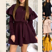 Sweet Style Long Sleeve Round Neck Ruffle Dress