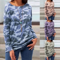 Fashion Camouflage Printed Long Sleeve Round Neck T-shirt