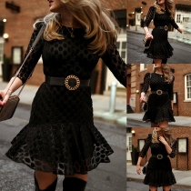 Sexy Dots Lace Round Neck High Waist Dress with Waistband