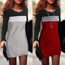 Fashion Contrast Color Long Sleeve Round Neck Slim Fit Dress