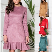 Elegant Solid Color Long Sleeve Round Neck Ruffle Hem Dress