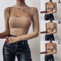 Sexy Long Sleeve Mock Neck Solid Color Hollow Out Top