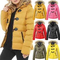 Fashion Faux Fur Spliced Hooded Horn Button Padded Coat