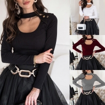 Fashion Solid Color Long Sleeve Round Neck Hollow Out Slim Fit T-shirt