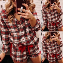 Fashion Long Sleeve Plaid Top + Shorts Home-wear Two-piece Set