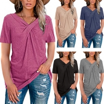 Fashion Solid Color Short Sleeve Twisted V-neck T-shirt