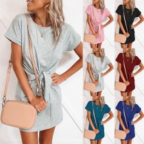Fashion Solid Color Short Sleeve Round Neck Lace-up Dress
