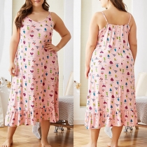 Sexy Backless V-neck Ruffle Hem Sling Printed Home-wear Dress