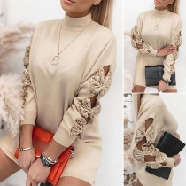 Fashion Sequin Spliced Bow-knot Long Sleeve Mock Neck Knit Dress