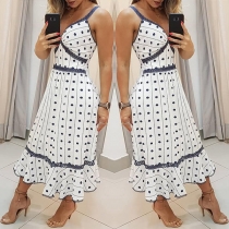 Sexy Backless V-neck Ruffle Hem Sling Printed Dress
