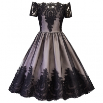 Sexy Lace Spliced Boat Neck High Waist Princess Dress