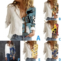 Fashion Long Sleeve POLO Collar Printed Spliced Shirt