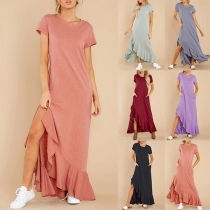 Fashion Solid Color Short Sleeve Round Neck Irregular Ruffle Hem Dress
