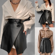 Fashion Solid Color High Waist Slit Hem PU Leather Skirt