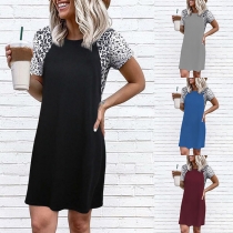 Fashion Leopard Spliced Short Sleeve Round Neck Dress