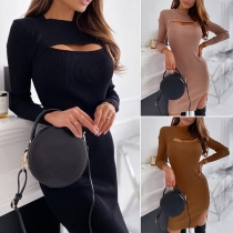 Sexy Long Sleeve Round Neck Slit Hem Hollow Out Dress