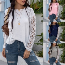 Fashion Lace Spliced Long Sleeve Round Neck T-shirt