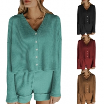 Fashion Solid Color Long Sleeve V-neck Top + Shorts Two-piece Set