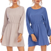 Sexy Backless Long Sleeve Round Neck Solid Color Dress