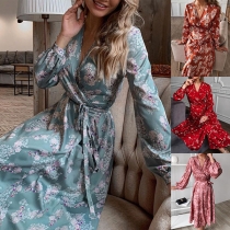 Sexy V-neck Lantern Sleeve High Waist Printed Dress
