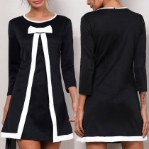 Sweet Style Long Sleeve Round Neck Contrast Color Bow-knot Knit Dress