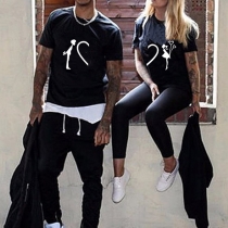 Mode hjärta tryckt kortärmad rund hals T-shirt för par