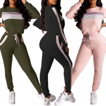 Fashion Contrast Color Round Neck Sweatshirt + Pants Two-piece Set