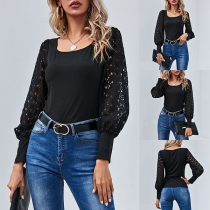 Sexy Hollow Out Lantern Sleeve Square Collar Solid Color Top