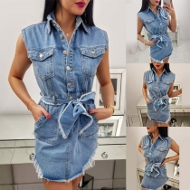 Fashion Sleeveless POLO Collar Frayed Hem Denim Dress