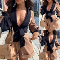 Sexy Deep V-neck Long Sleeve High Waist Contrast Color Romper