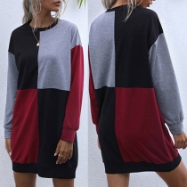 Fashion Contrast Color Long Sleeve Round Neck Sweatshirt Dress