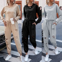 Fashion Solid Color Long Sleeve Top + Ripped Pants Two-piece Set