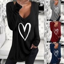 Fashion Heart Printed Long Sleeve V-neck T-shirt