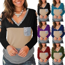 Fashion Sequin Spliced Hollow Out Long Sleeve V-neck Contrast Color T-shirt